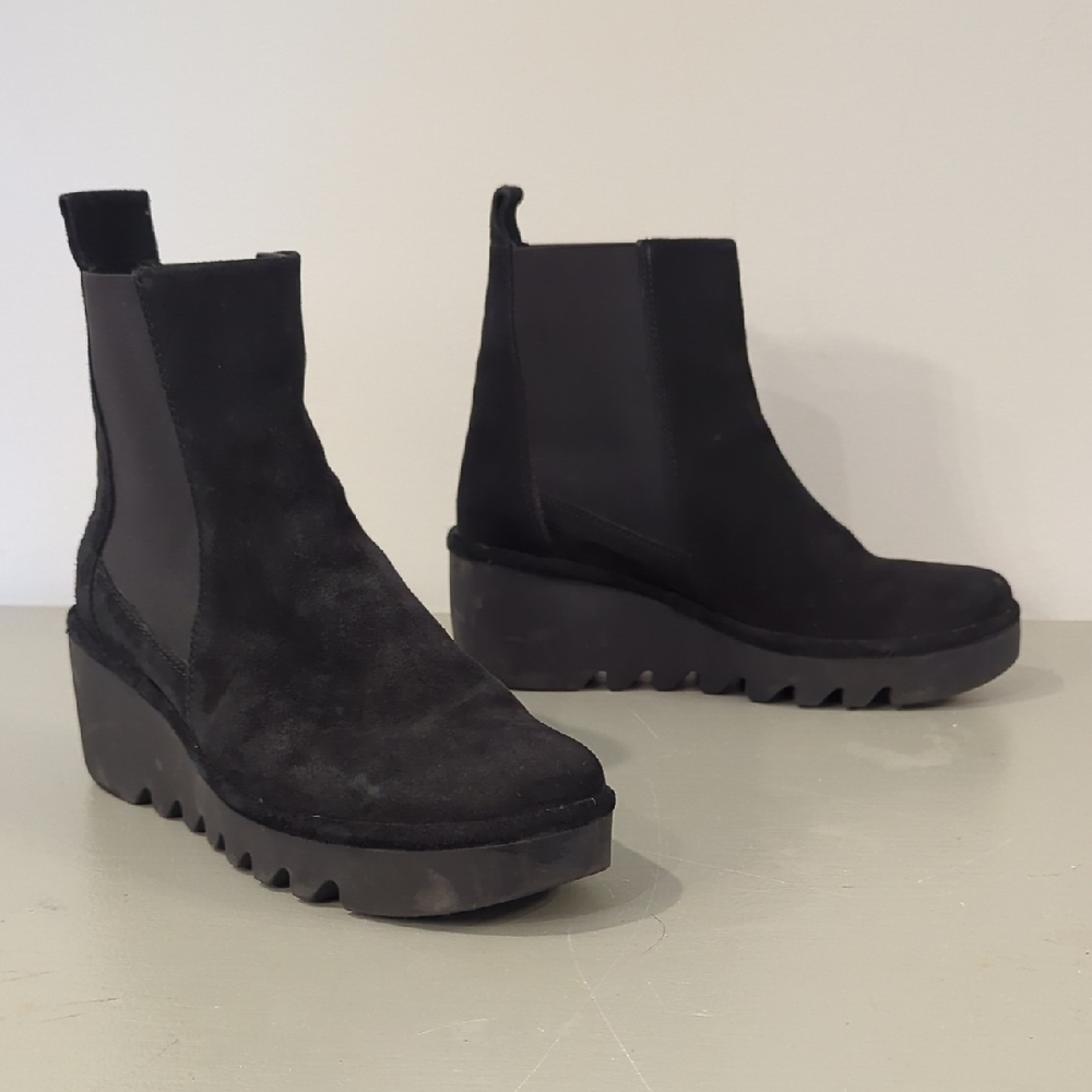 Fly London Black Suede Wedge Booties